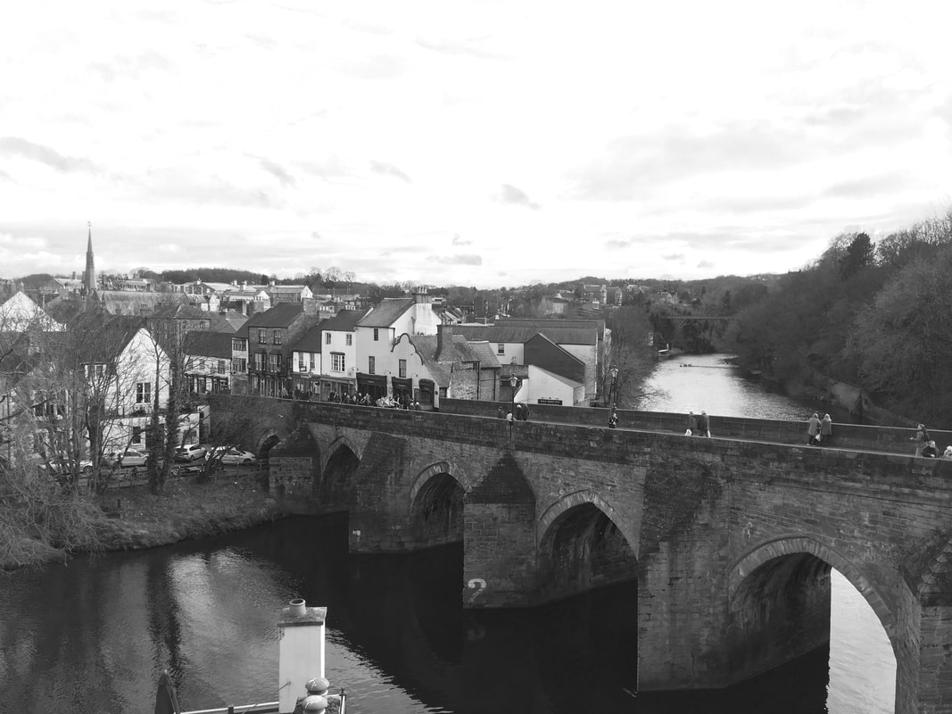 Durham - view from above of the bridge leading to the cathedral